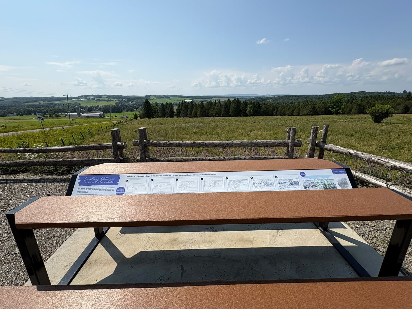 Panneau d'interprétation intitulé « Le village blotti au creux de la vallée », posé sur une table d'orientation